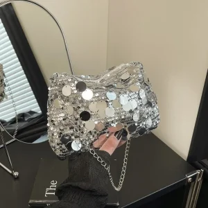 Casual Sequin Shoulder Bag Large Capacity Solid Color Chain Crossbody Bag Lightweight Female Handbag For Evening Party