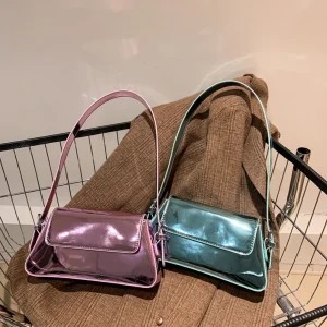 PU Leather Evening Hand Bag Bright Fashion Women Underarm Bag Casual Portable Exquisite Solid Color Female Satchel