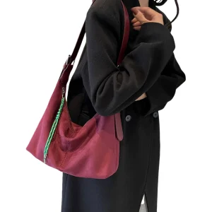 Women Suede Shoulder Bag Adjustable Strap Crossbody Bag with Zipper Crescent Bag for Work Travel