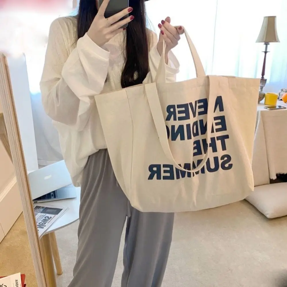 Large Capacity Letter Print Tote Bag Lightweigh Soft Literary Canvas Shoulder Bag Casual Commuting Woman Shoulder Bag Work - Image 3