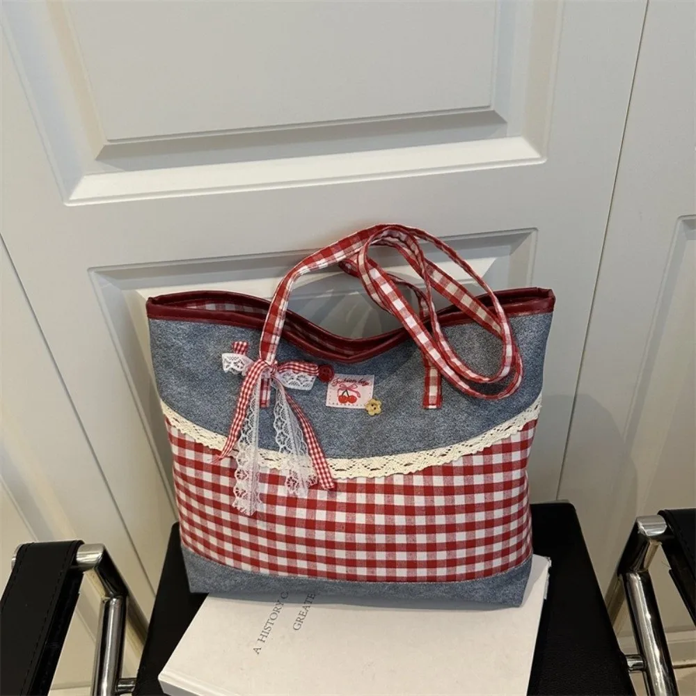 New Lattice Lace Bow Shoulder Bag Versatile Casual Handbag Large Capacity Tote Bag Women